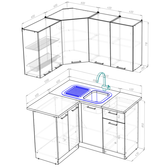 Кухонные гарнитуры, Кухонный гарнитур Светлана прайм 1,2 х 1,4 м Ясень Шимо Светлый ЛДСП