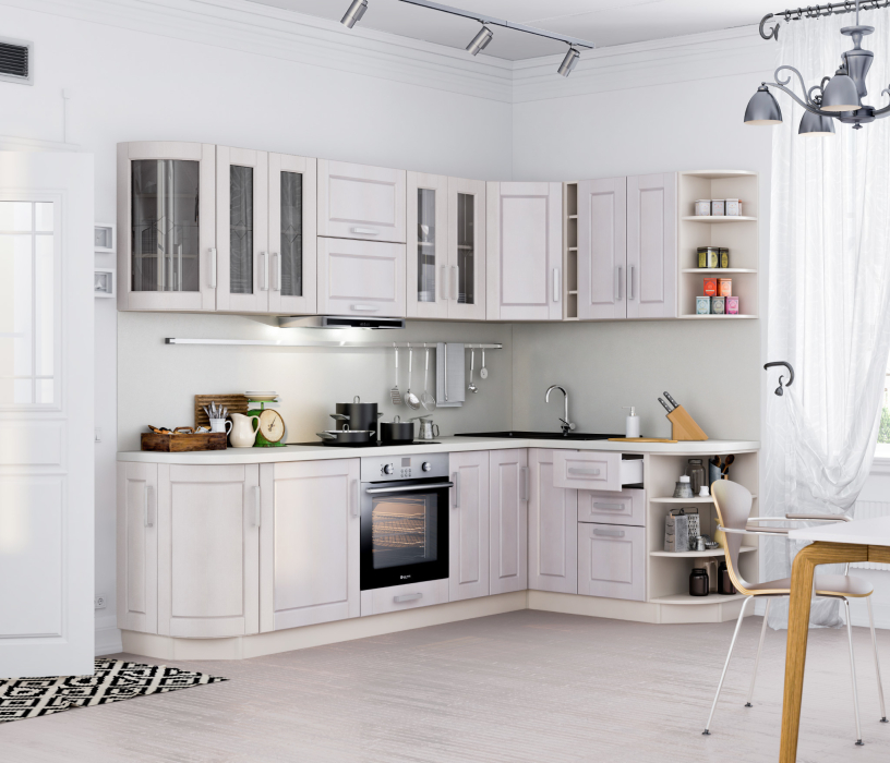Лидеры продаж модульных кухонь, Регина Риф белоснежный с гнутыми фасадами 2700*1650
