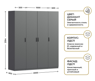 Шкаф четырехдверный Макс 2000 мм, вариант №3 (ЛДСП)