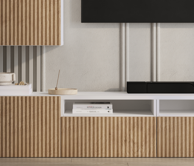 Стенки для гостиной, Гостиная Тренд Белый/МДФ Джаз Акация светлая