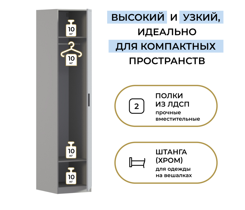Для одежды, Шкаф однодверный Макс 500 мм, вариант №1 (ЛДСП/МДФ)