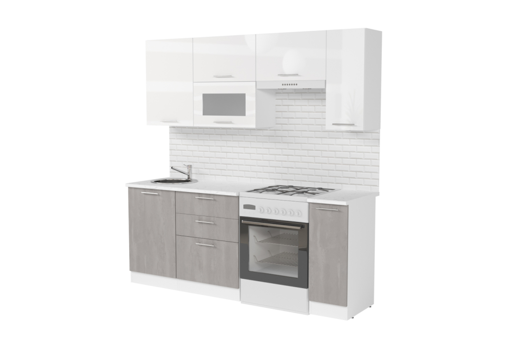 Кухонные гарнитуры, Кухонный гарнитур Терция ультра 2,0 м Белый глянец/Бетон Светлый ЛДСП
