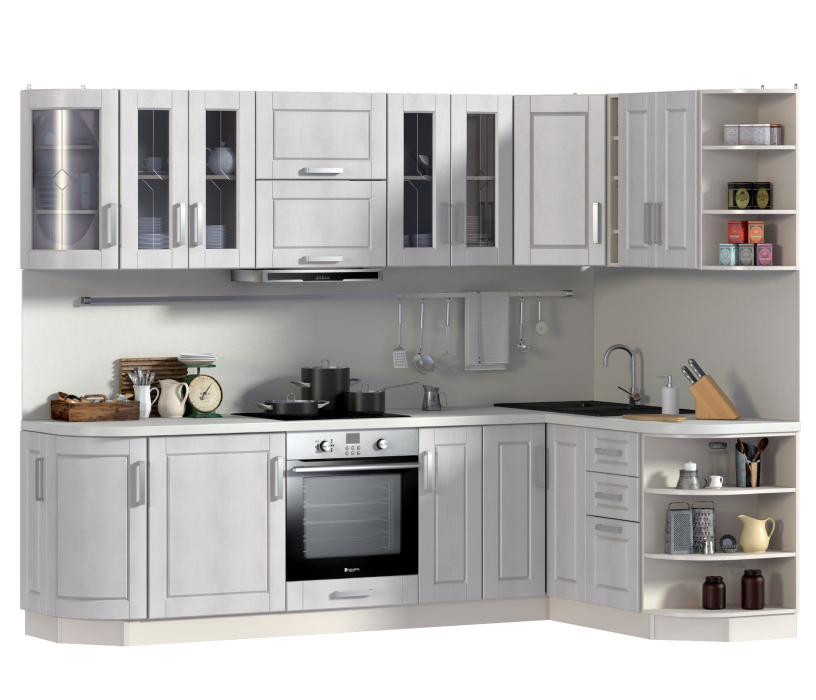 Лидеры продаж модульных кухонь, Регина Риф белоснежный с гнутыми фасадами 2700*1650