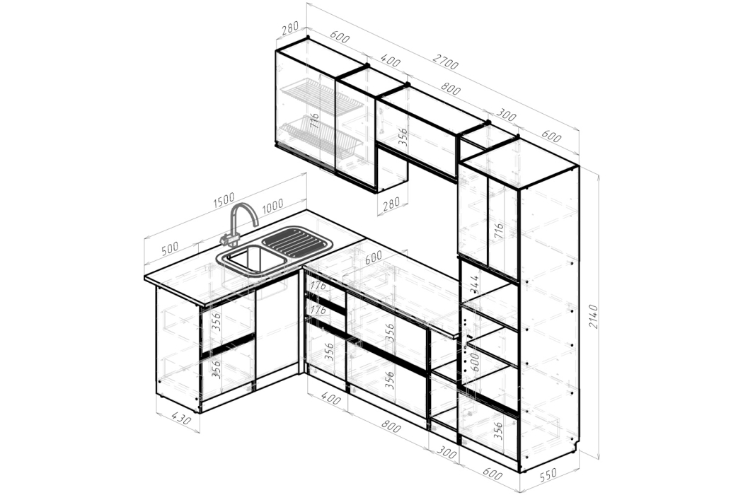 Кухонные гарнитуры, Кухонный гарнитур Ноктюрн мега прайм 1,5 х 2,7 м Бетон темный ЛДСП