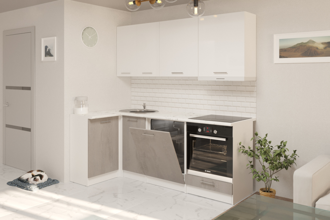 Кухонные гарнитуры, Кухонный гарнитур Терция прайм 1,1 х 2,0 м Белый глянец/Бетон Светлый ЛДСП