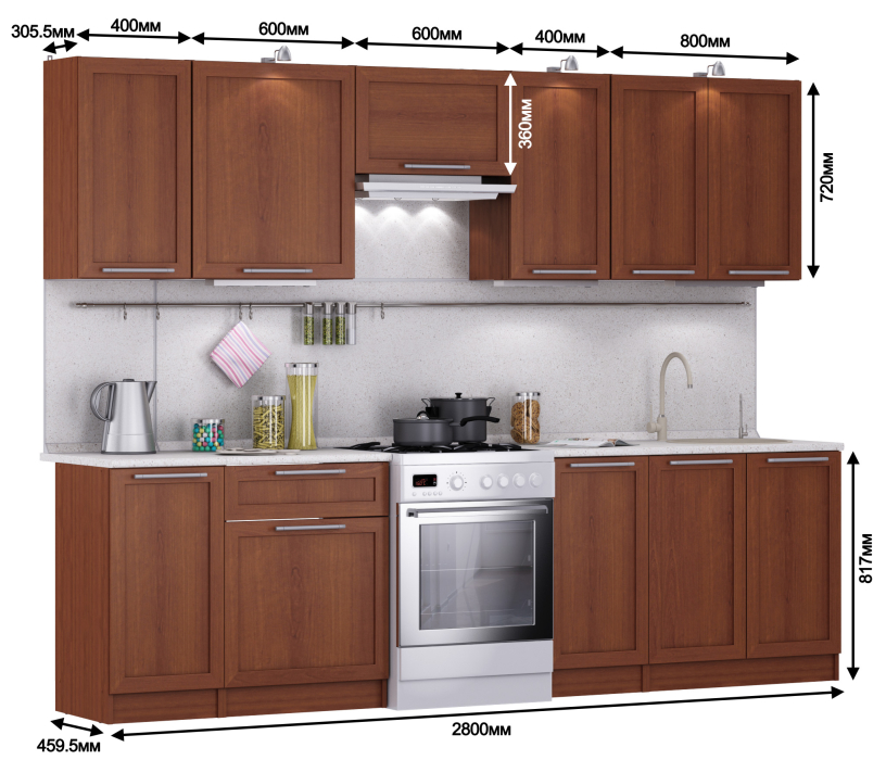 Кухонные гарнитуры, Кухня Ангелина Квадро Итальянский орех 2,8 м
