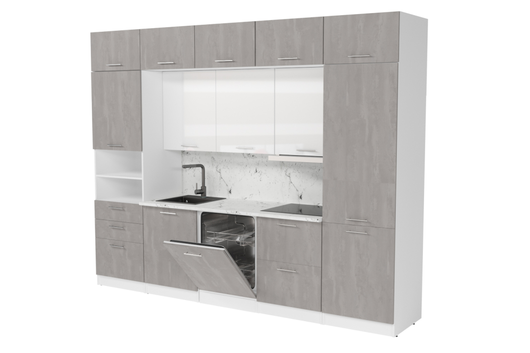 Кухонные гарнитуры, Кухонный гарнитур Терция экстра 5 3,0 м Белый глянец/Бетон Светлый ЛДСП
