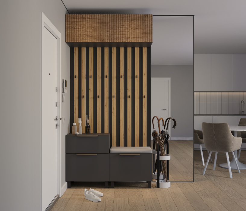 Прихожие, Прихожая Тренд с антресолью и рейками Диамант серый/МДФ Джаз Акация светлая