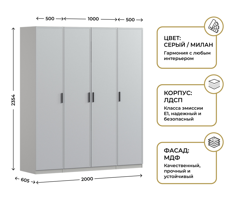 Для одежды, Шкаф четырехдверный Макс 2000 мм, вариант №4 (ЛДСП/МДФ)
