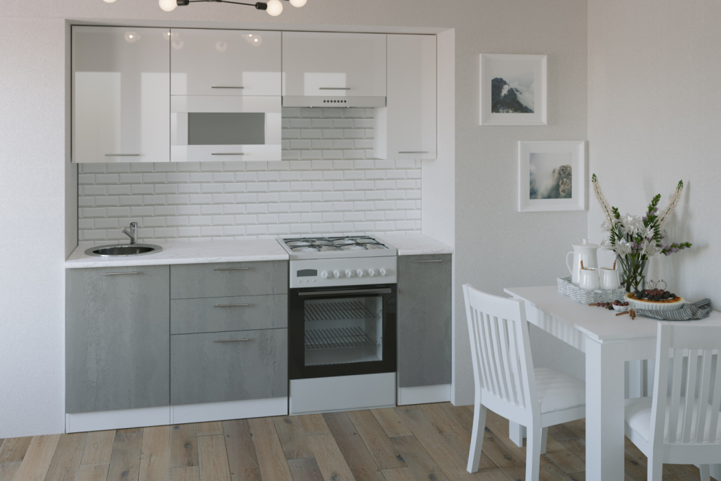 Кухонные гарнитуры, Кухонный гарнитур Терция ультра 2,0 м Белый глянец/Бетон Светлый ЛДСП