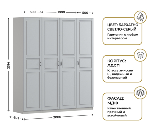 Шкаф четырехдверный Макс 2000 мм, вариант №3 (ЛДСП/МДФ)