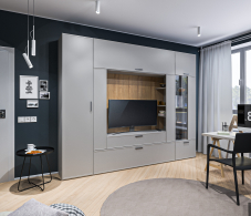 Стенки для гостиной, Стенка с пеналом и витриной Милан СБ-3265 Серый/МДФ Светло серый