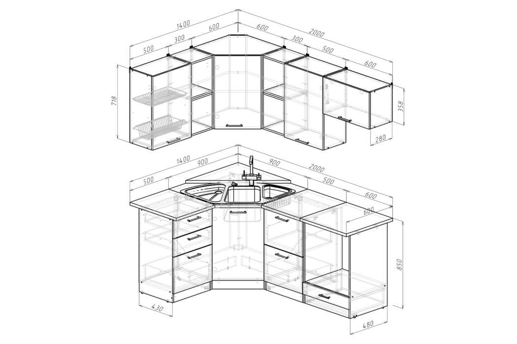Кухонные гарнитуры, Кухонный гарнитурТомилла оптима 4 1,4 х 2,0 м Квадро Дуб Сонома ЛДСП