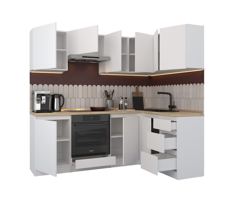 Кухонные гарнитуры, Кухонный гарнитур Леон угловой 210х140 см, белый