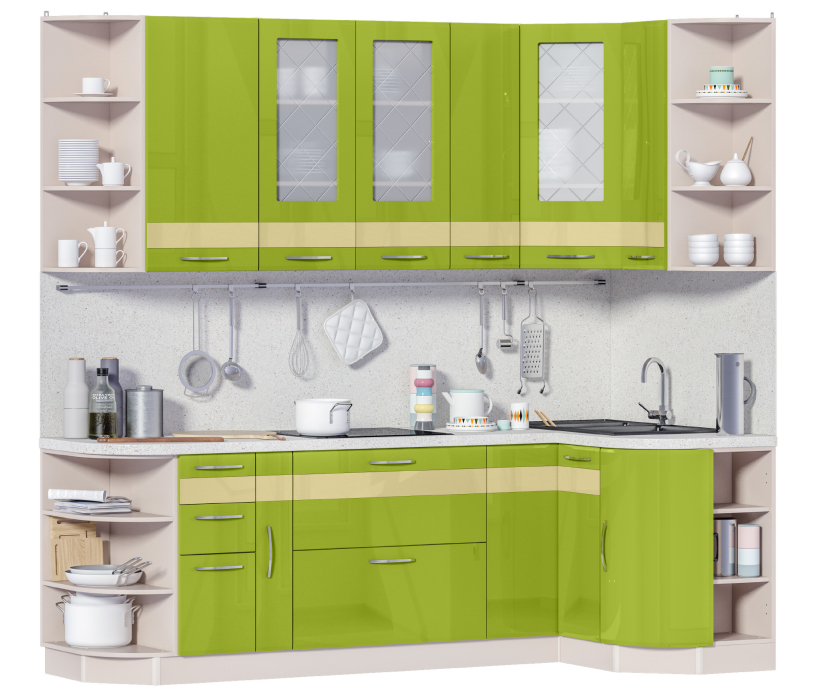 Кухонные гарнитуры, Регина Песочный/Оливковый Глянец22/Трани/Трани 2450*1200