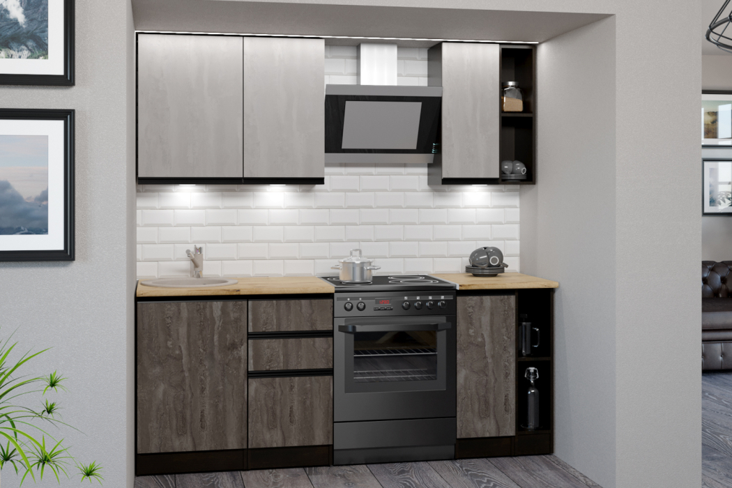 Кухонные гарнитуры, Кухонный гарнитур Симфония медиум 1,4 м Бетон светлый/Бетон темный ЛДСП