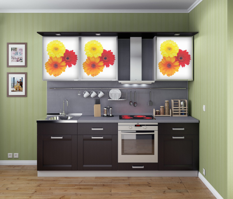 Кухонные гарнитуры, Регина Песок/Дуб Темный СБК/Анна Герберы-2/столешница Серебро 2800