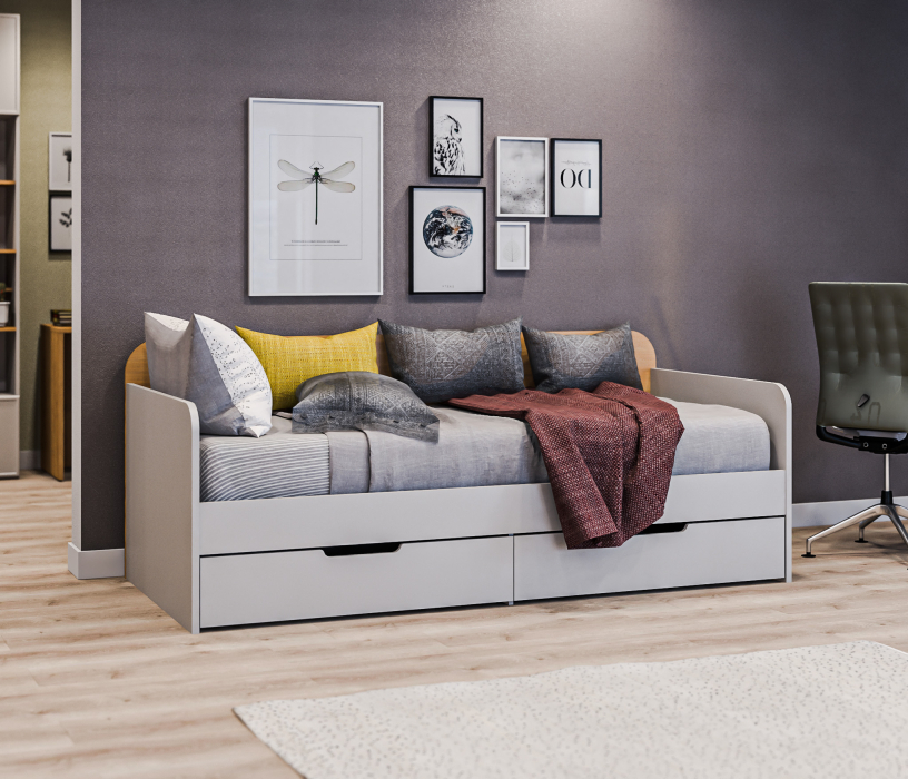 Кровати 90 см, Милан СБ-3297 Кровать Серый,Дуб Гамильтон c ящиком