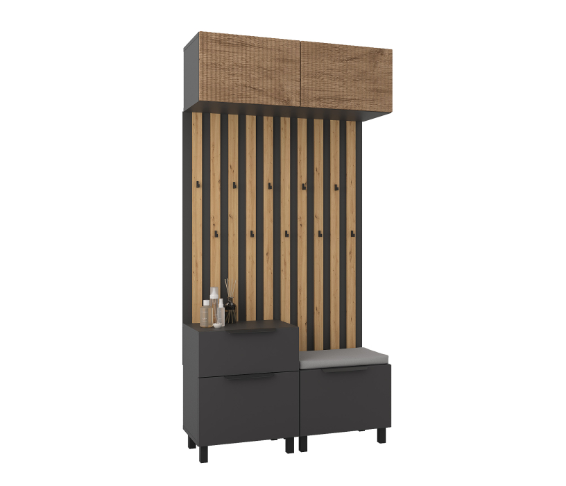 Прихожие, Прихожая Тренд с антресолью и рейками Диамант серый/МДФ Джаз Акация светлая