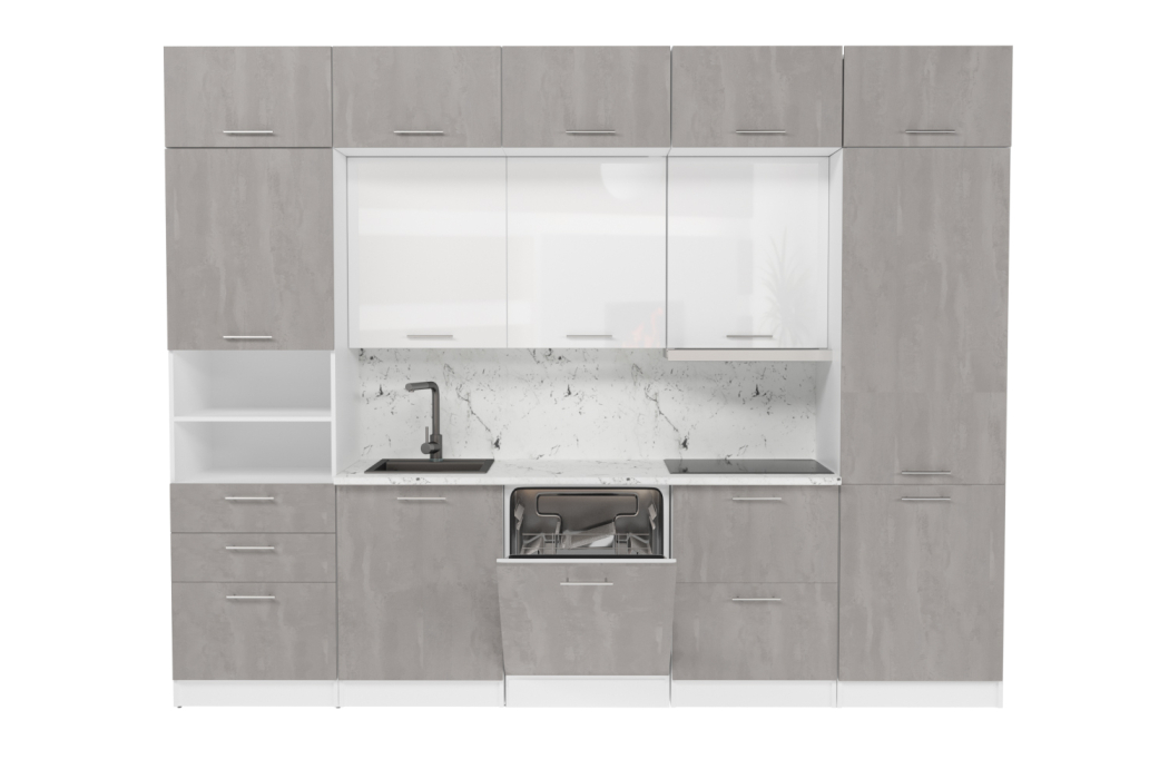 Кухонные гарнитуры, Кухонный гарнитур Терция экстра 5 3,0 м Белый глянец/Бетон Светлый ЛДСП
