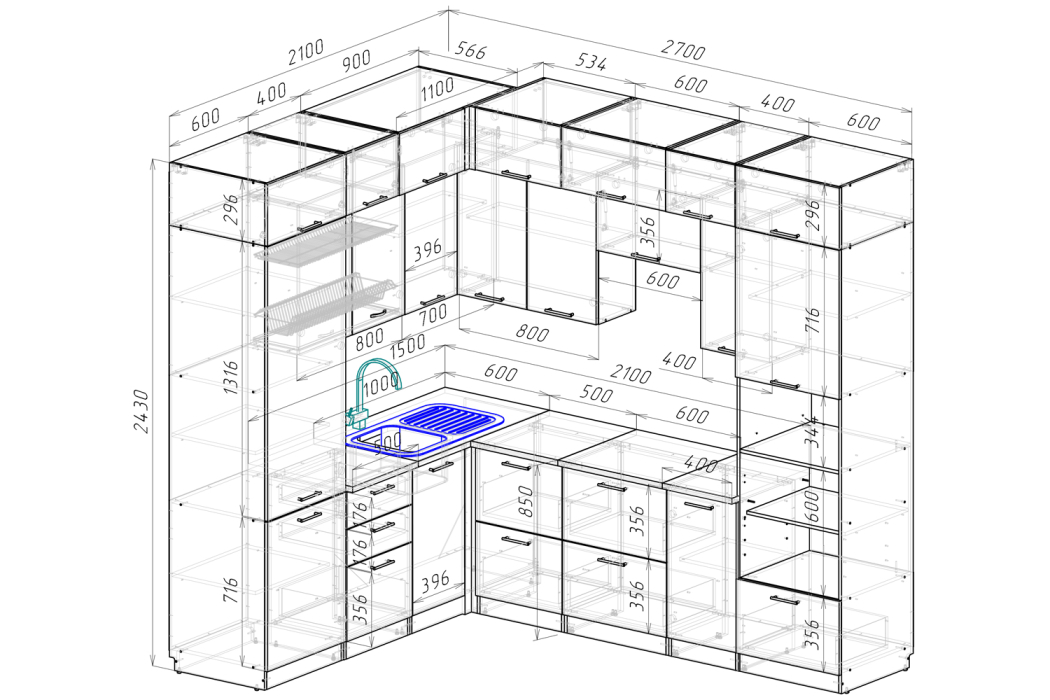 Кухонные гарнитуры, Кухонный гарнитурТерция гранд прайм 2,1 х 2,7 м Белый глянец/Бетон светлый ЛДСП