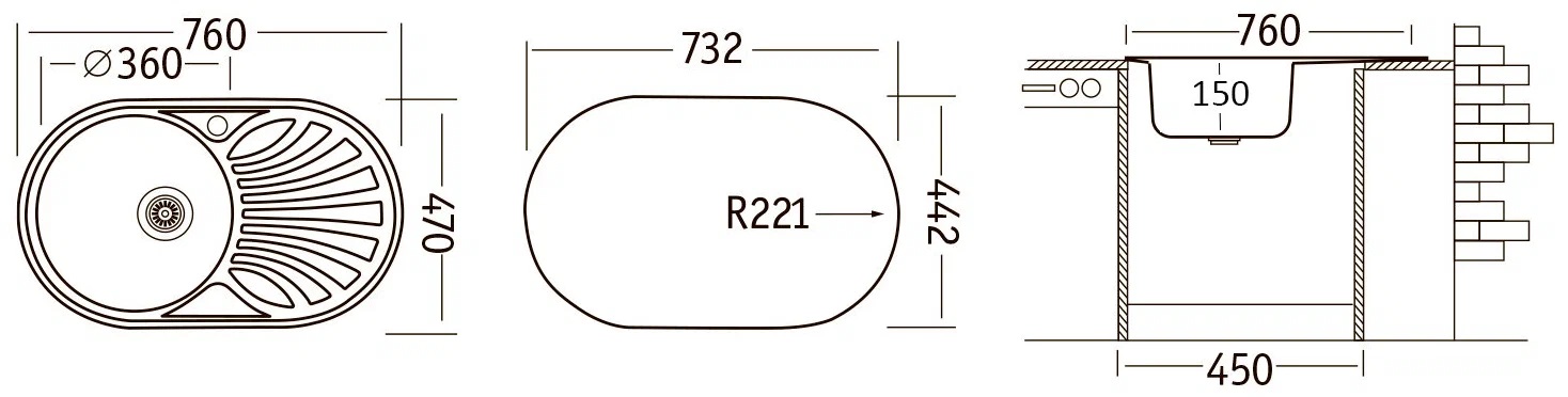 Кухонные мойки, Мойка Юкинокс Фаворит FAL760.470-GT6K 2L, сифон S710