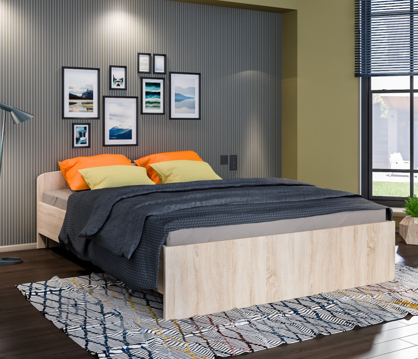 Кровати 160 см, Кровать Кито СБ-2301 дуб сонома с основанием и матрасом Эластик 14 160х200