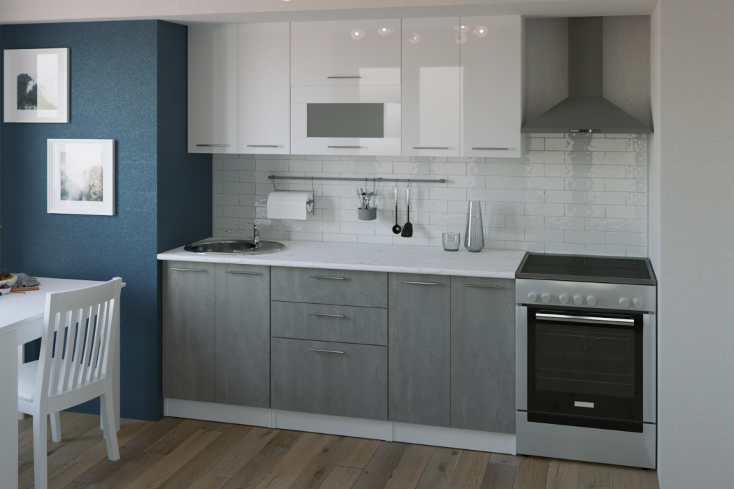 Кухонные гарнитуры, Кухонный гарнитур Терция макси 2 1,8 м Белый глянец/Бетон Светлый ЛДСП